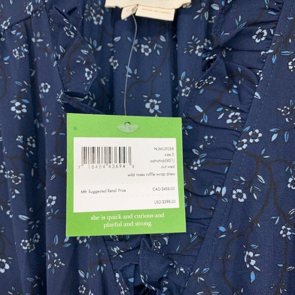 Kate Spade Dress Blue Wild Roses Floral Print V Neck Ruffle Wrap - Picture 6 of 14